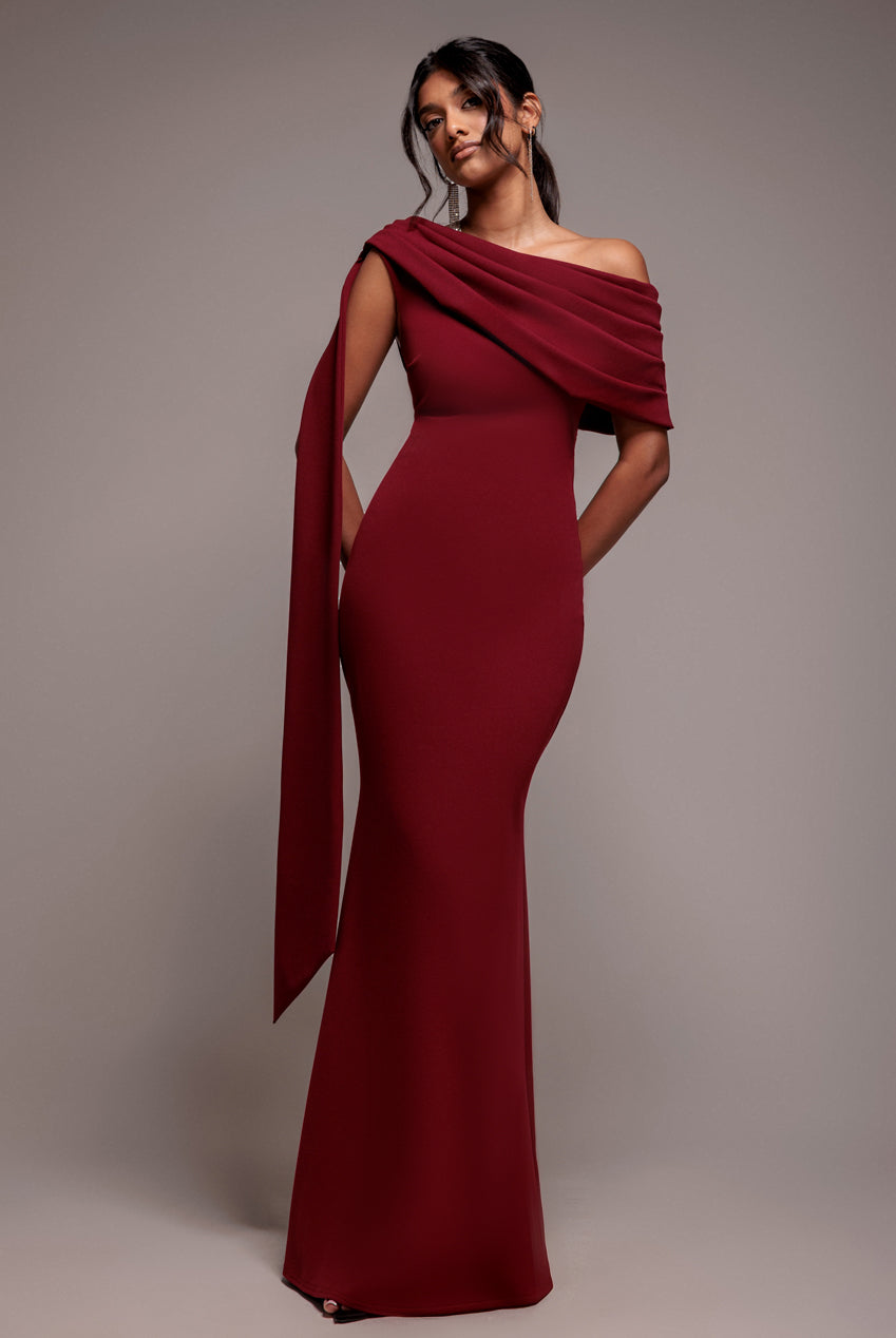 Goddiva Sash One Shoulder Bardot Maxi Dress - Wine