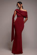 Goddiva Sash One Shoulder Bardot Maxi Dress - Wine