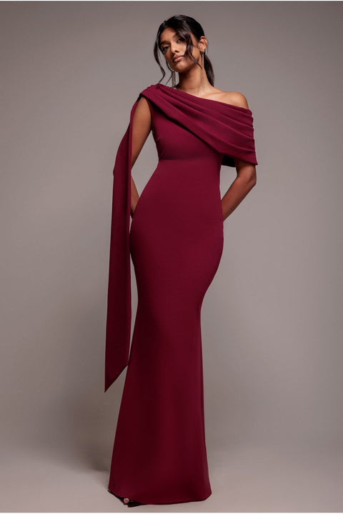 Goddiva Sash One Shoulder Bardot Maxi Dress  - Burgundy