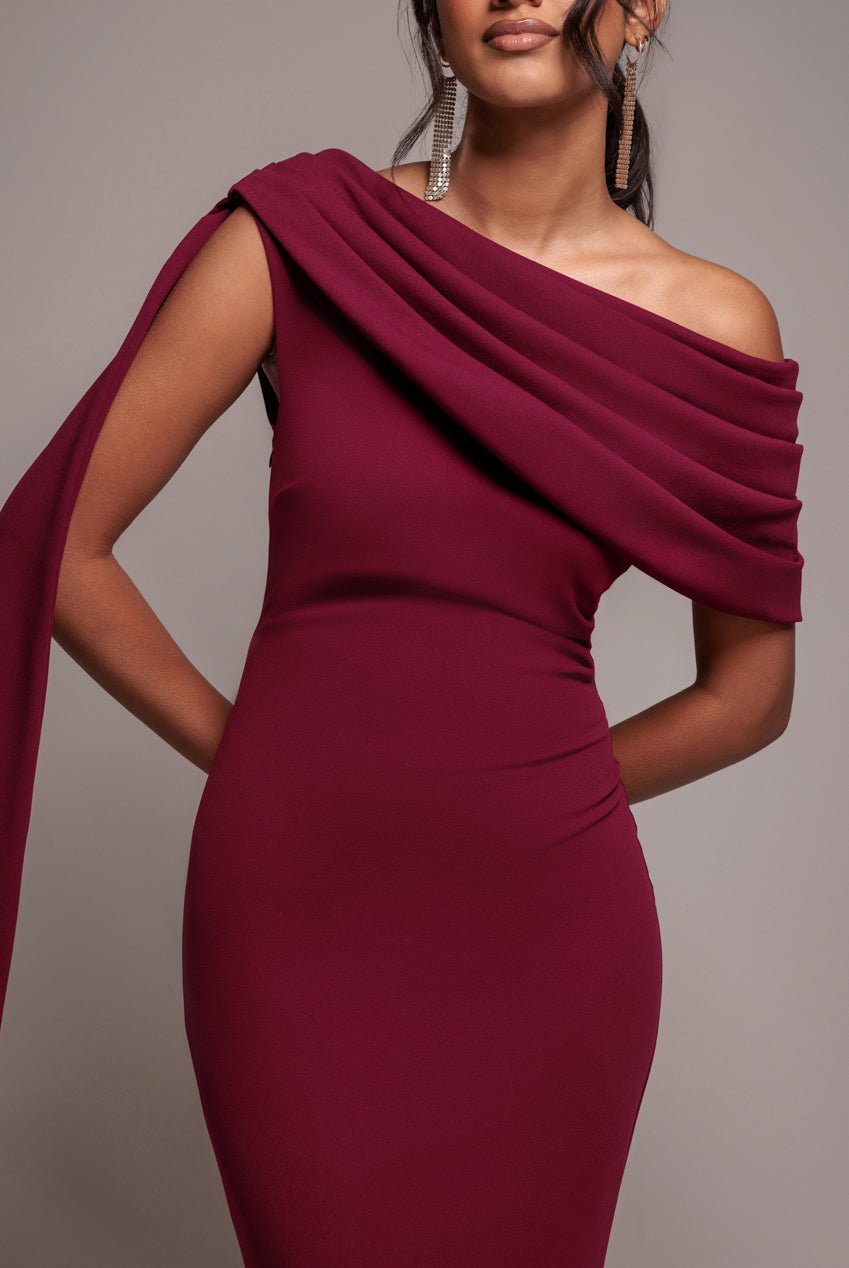 Goddiva Sash One Shoulder Bardot Maxi Dress  - Burgundy