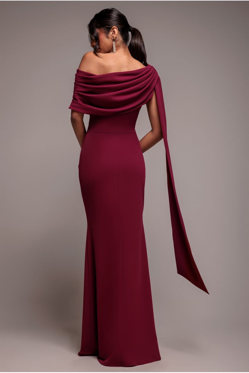Goddiva Sash One Shoulder Bardot Maxi Dress  - Burgundy