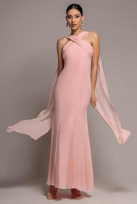 Goddiva Cross Front Scarf Back Chiffon Mermaid Maxi Dress - Blush Pink