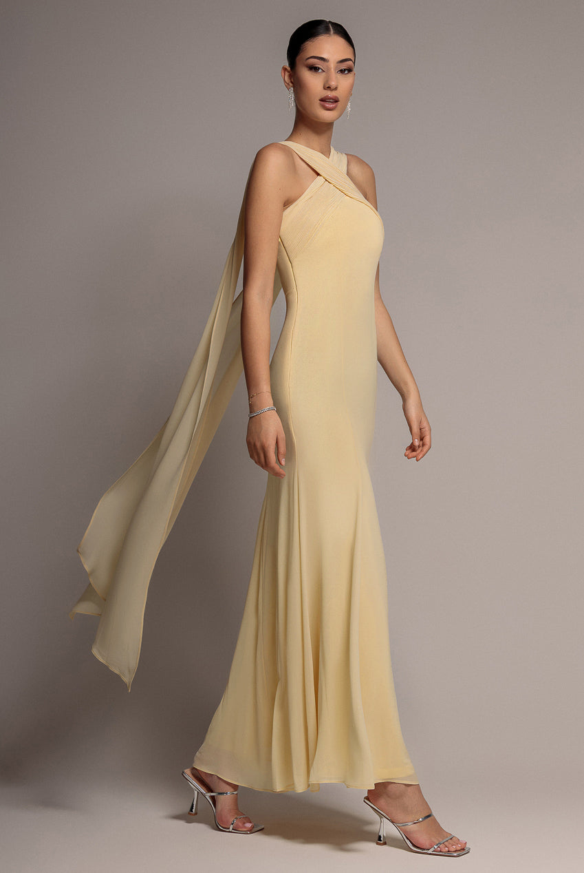 Goddiva Cross Front Scarf Back Chiffon Mermaid Maxi Dress - Butter Yellow