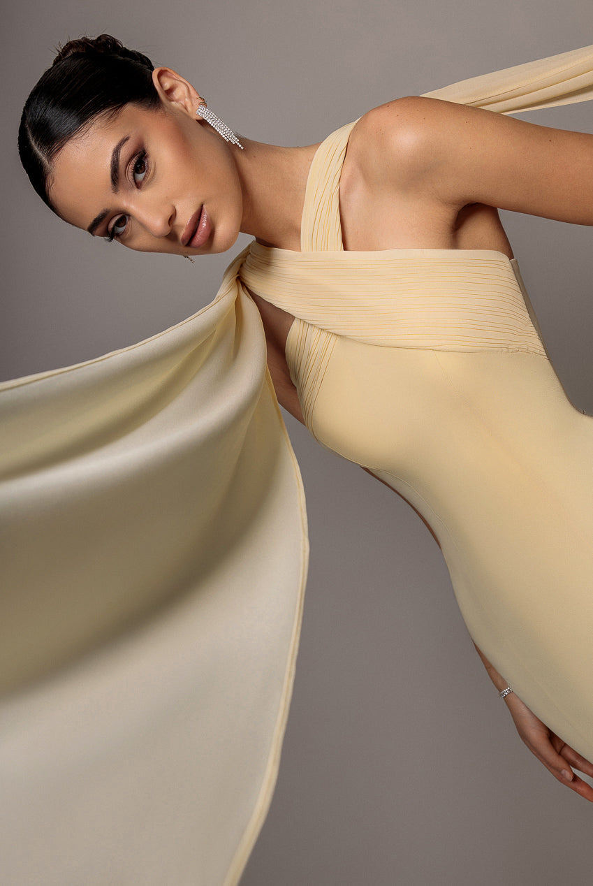 Goddiva Cross Front Scarf Back Chiffon Mermaid Maxi Dress - Butter Yellow