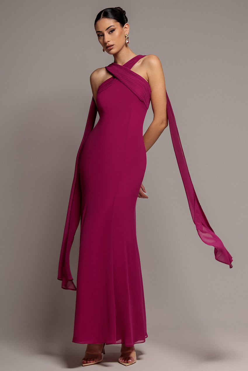 Goddiva Cross Front Scarf Back Chiffon Mermaid Maxi Dress - Magenta