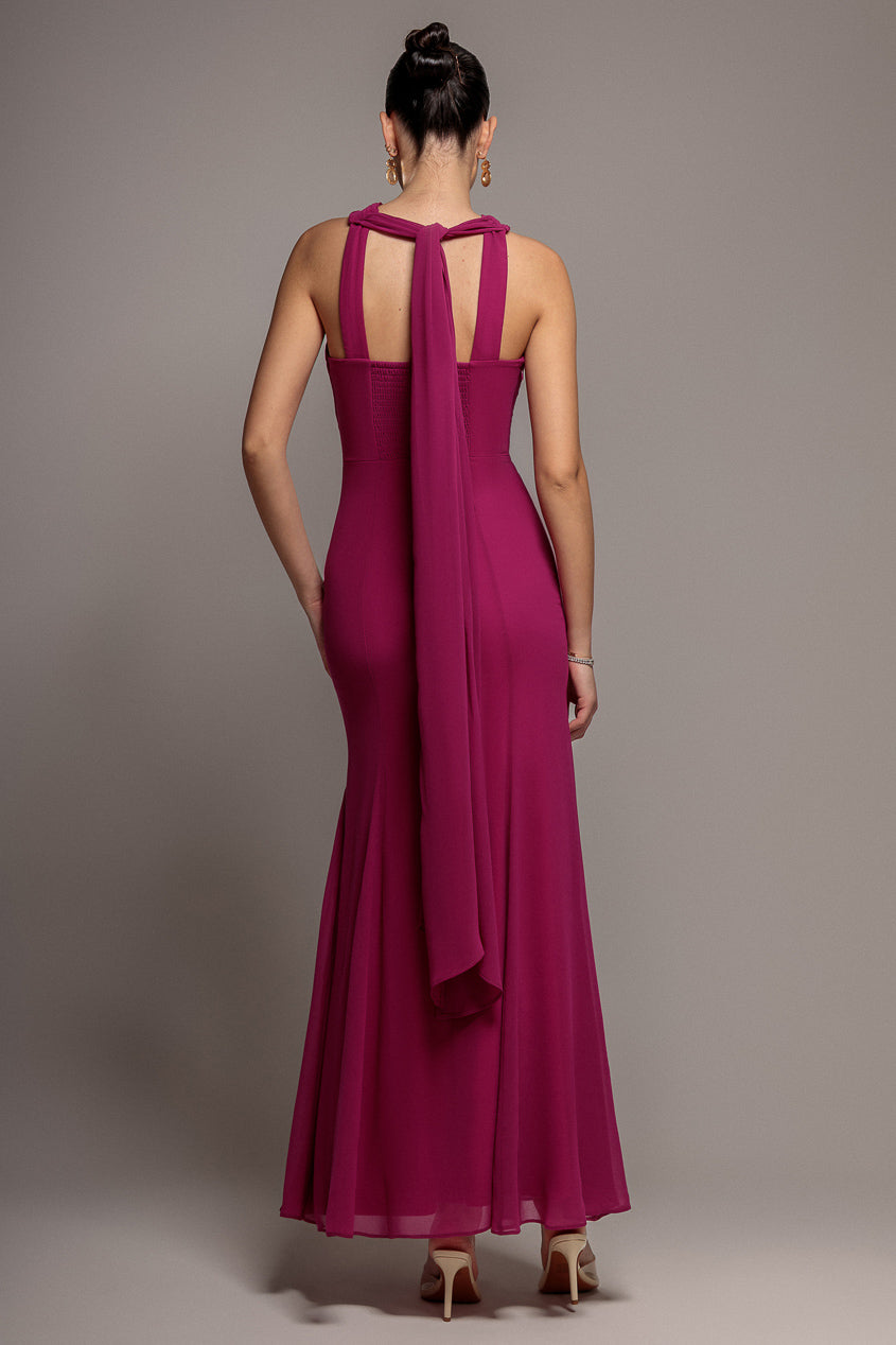 Goddiva Cross Front Scarf Back Chiffon Mermaid Maxi Dress - Magenta