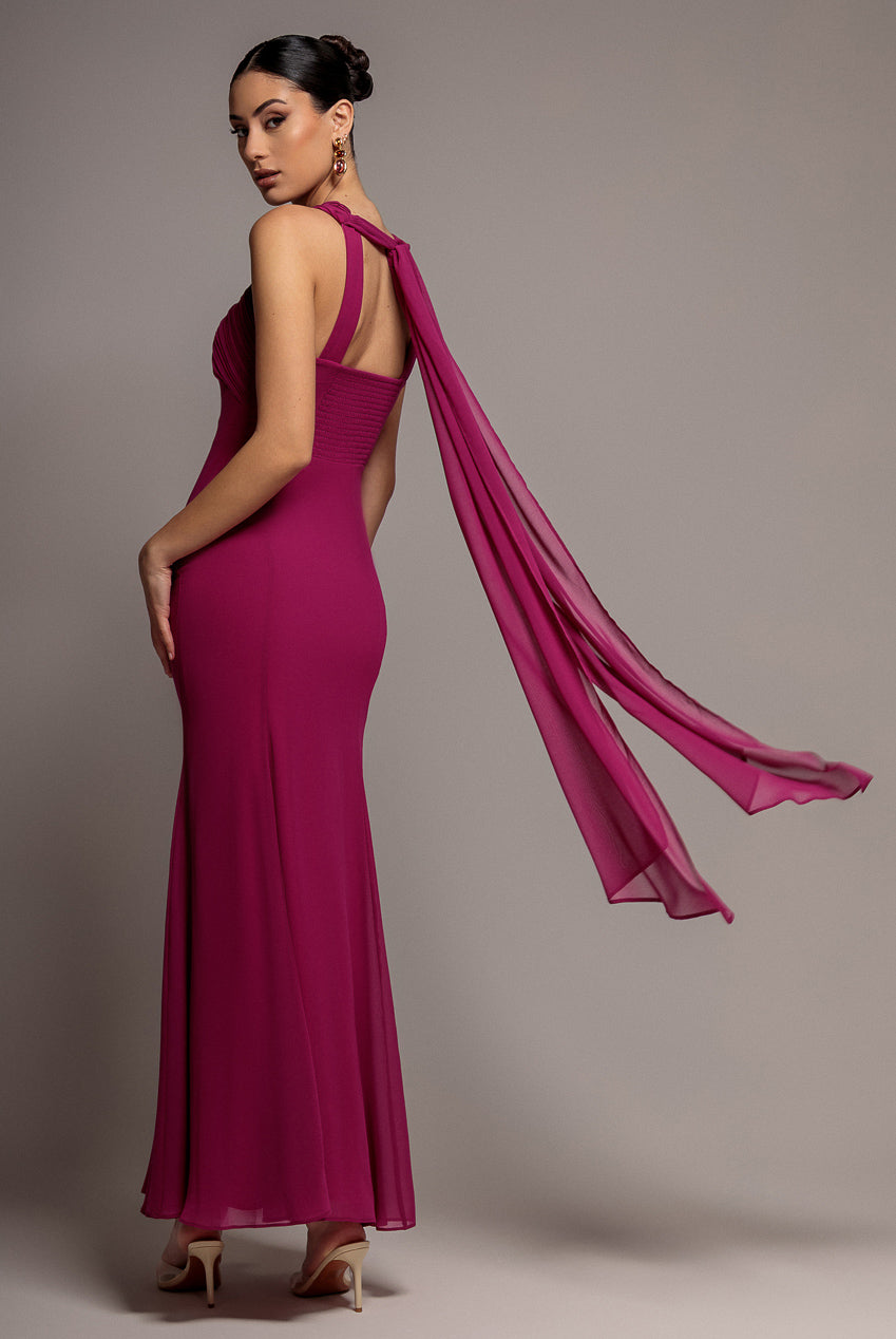 Goddiva Cross Front Scarf Back Chiffon Mermaid Maxi Dress - Magenta