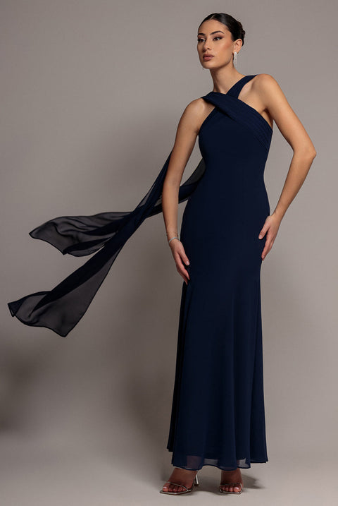 Goddiva Cross Front Scarf Back Chiffon Mermaid Maxi Dress - Navy Blue