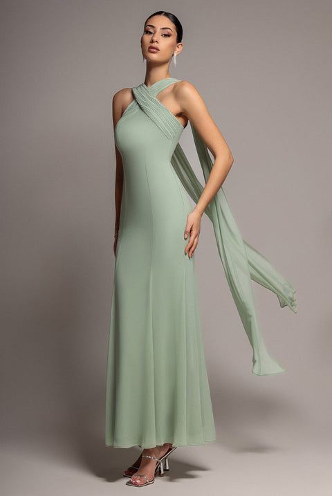 Goddiva Cross Front Scarf Back Chiffon Mermaid Maxi Dress - Sage Green