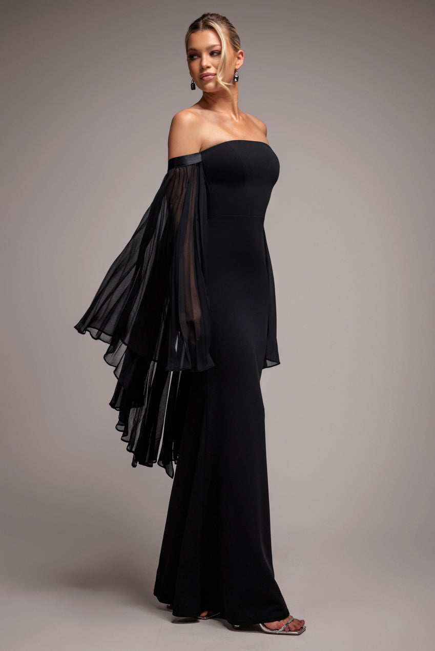 Goddiva Boob Tube Maxi Dress With Pleated Chiffon Cape - Black