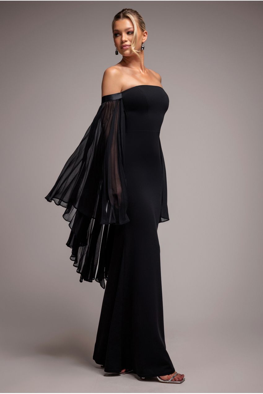 Goddiva Strapless Maxi Dress With Pleated Chiffon Cape - Black