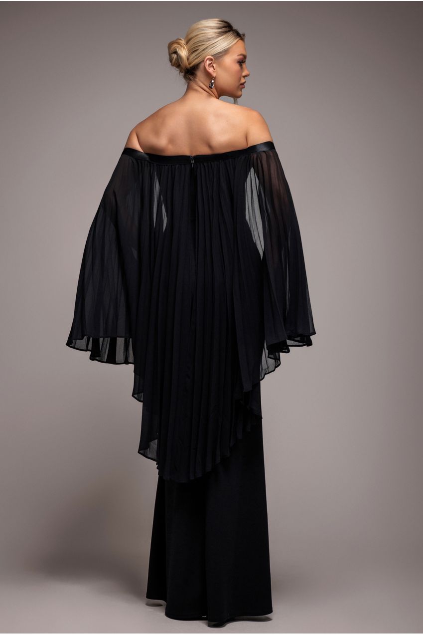 Goddiva Strapless Maxi Dress With Pleated Chiffon Cape - Black