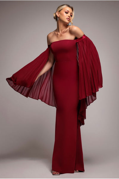 BurgundyRed - Goddiva Strapless Maxi Dress With Pleated Chiffon Cape - Burgundy