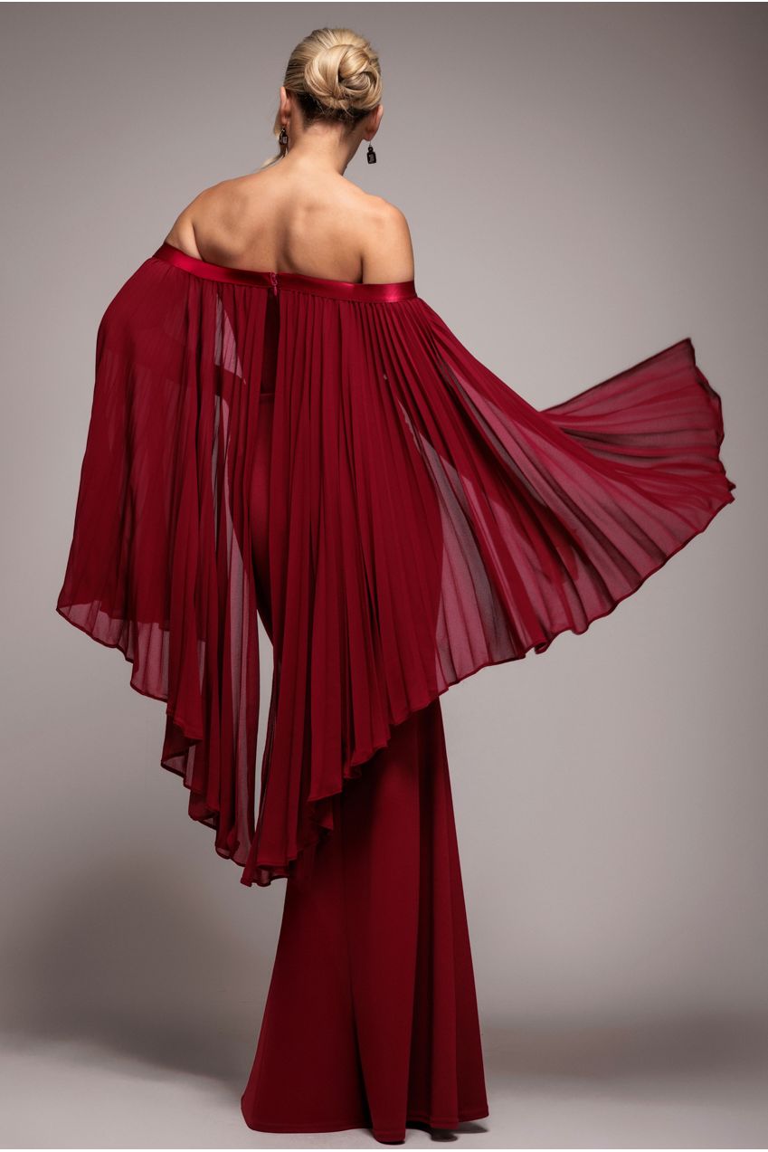 Goddiva Strapless Maxi Dress With Pleated Chiffon Cape - Burgundy