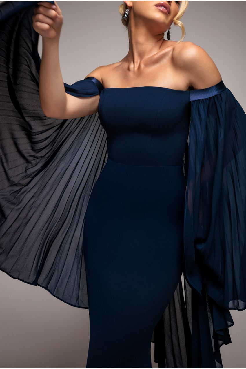 Goddiva Strapless Maxi Dress With Pleated Chiffon Cape - Navy Blue