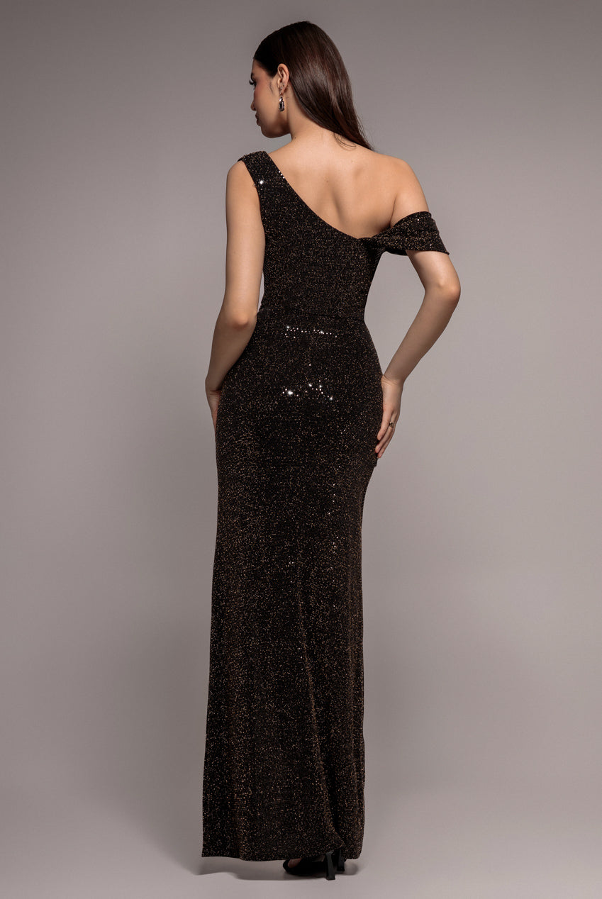 Goddiva Cowl Neck Sequin Glitter Draped Maxi Dress - Black
