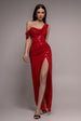 Goddiva Cowl Neck Sequin Glitter Draped Maxi Dress - Red