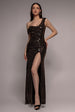 Goddiva Cowl Neck Sequin Glitter Draped Maxi Dress - Rose Gold