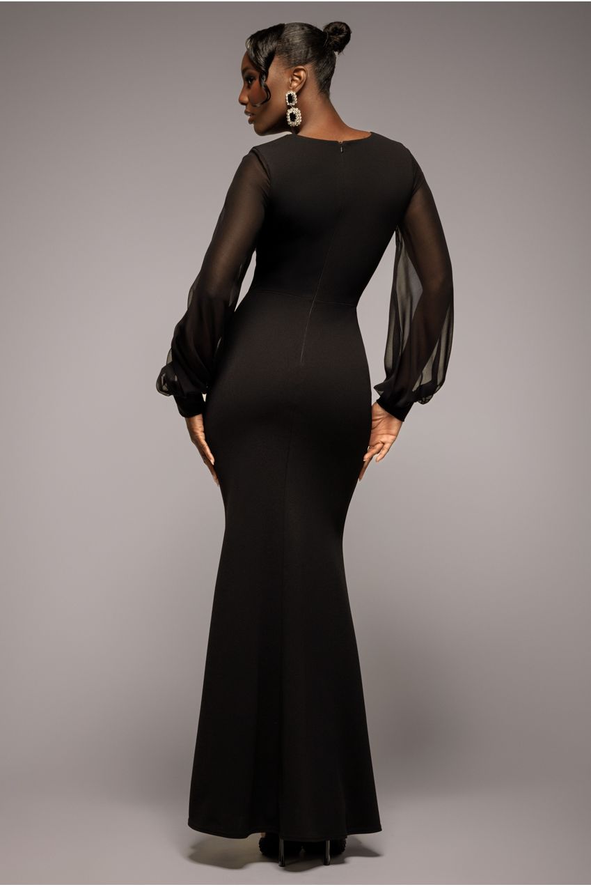 Goddiva Chiffon Cuffed Balloon Sleeve Scuba Maxi Dress - Black