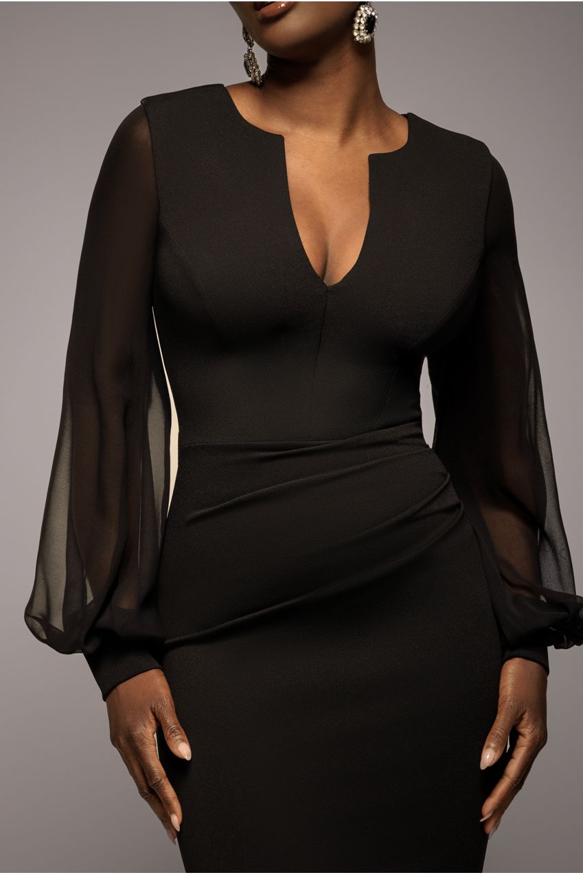 Goddiva Chiffon Cuffed Balloon Sleeve Scuba Maxi Dress - Black