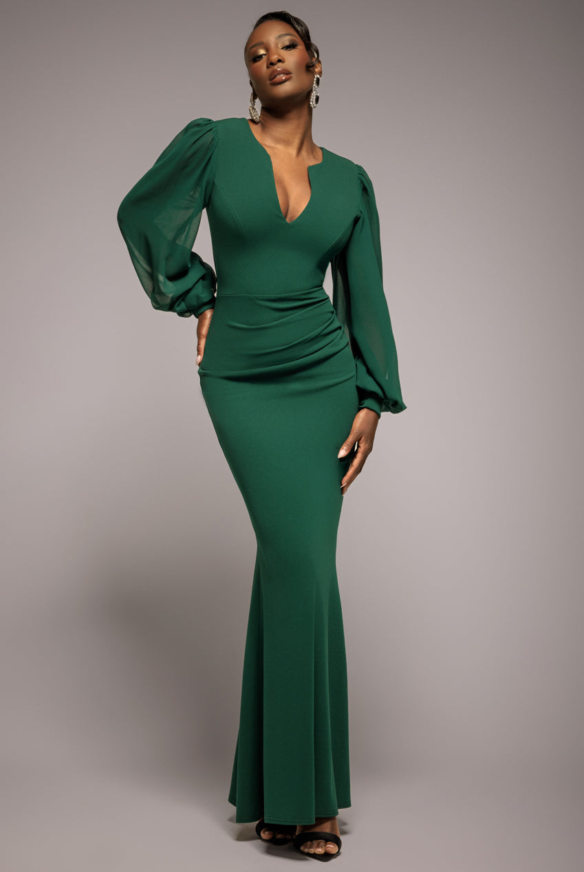 Goddiva Chiffon Cuffed Balloon Sleeve Scuba Maxi Dress - Emerald Green