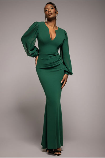 EmeraldGreen - Goddiva Chiffon Cuffed Balloon Sleeve Scuba Maxi Dress - Emerald Green