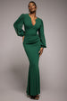 Goddiva Chiffon Cuffed Balloon Sleeve Scuba Maxi Dress - Emerald Green