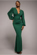 Goddiva Chiffon Cuffed Balloon Sleeve Scuba Maxi Dress - Emerald Green