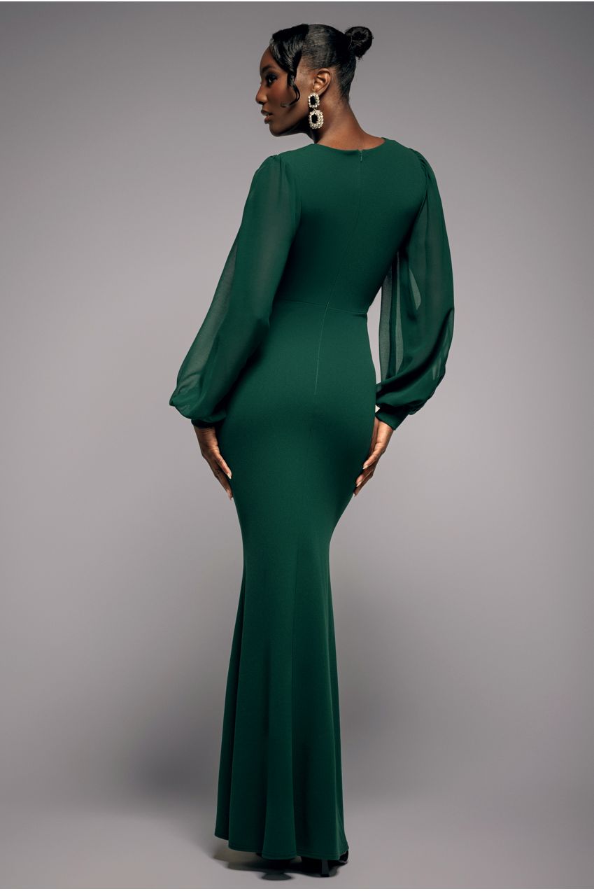 Goddiva Chiffon Cuffed Balloon Sleeve Scuba Maxi Dress - Emerald Green