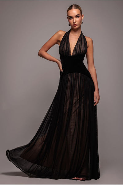 Black - Goddiva Velvet And Dobby Mesh A Line Halter Maxi Dress - Black