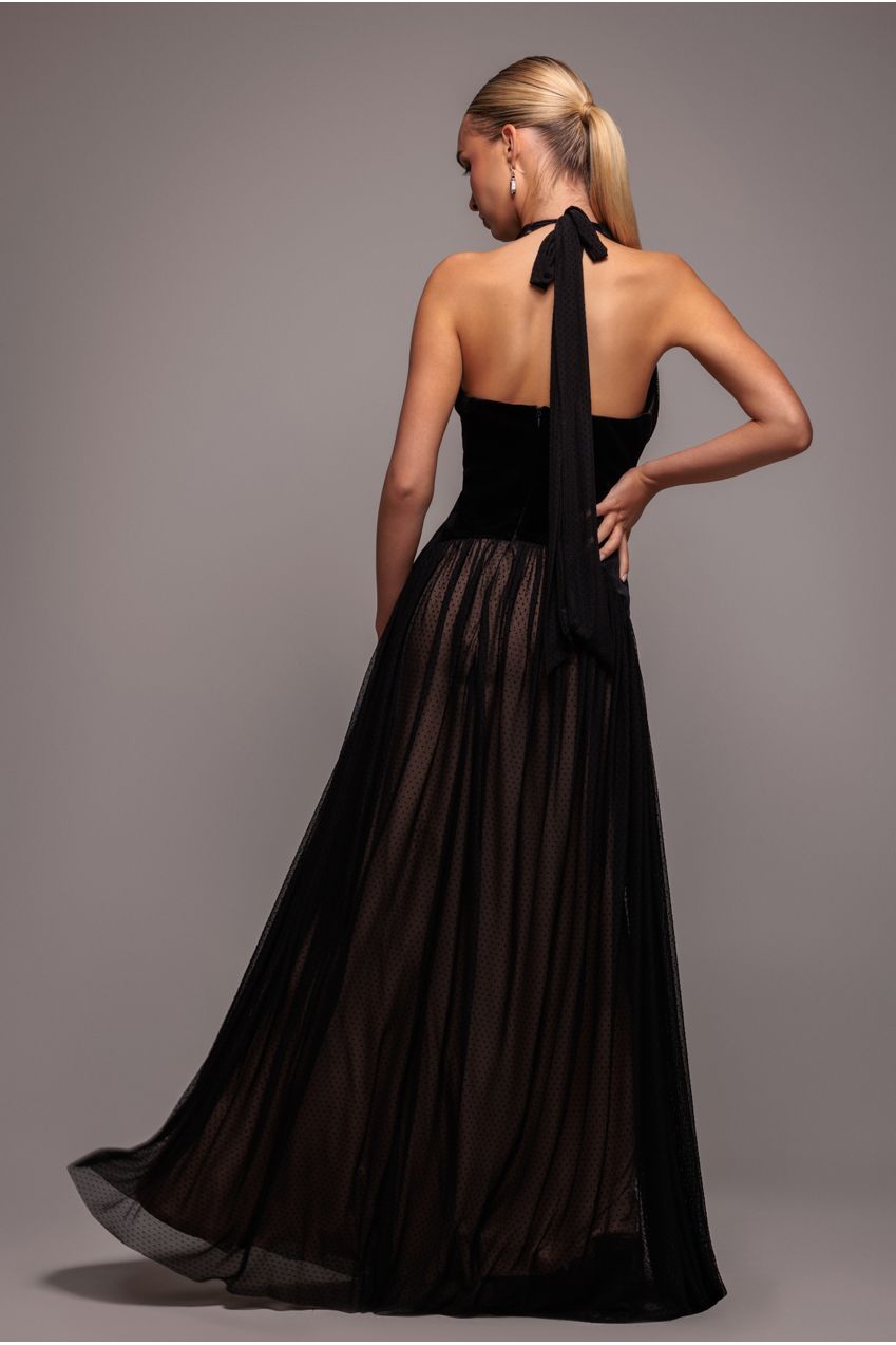 Goddiva Velvet And Dobby Mesh A Line Halter Maxi Dress - Black