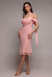 Goddiva Chiffon Cowl Off Shoulder Wing Tiered Midi Dress - Blush Pink