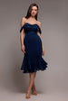 Goddiva Chiffon Cowl Off Shoulder Wing Tiered Midi Dress - Navy Blue