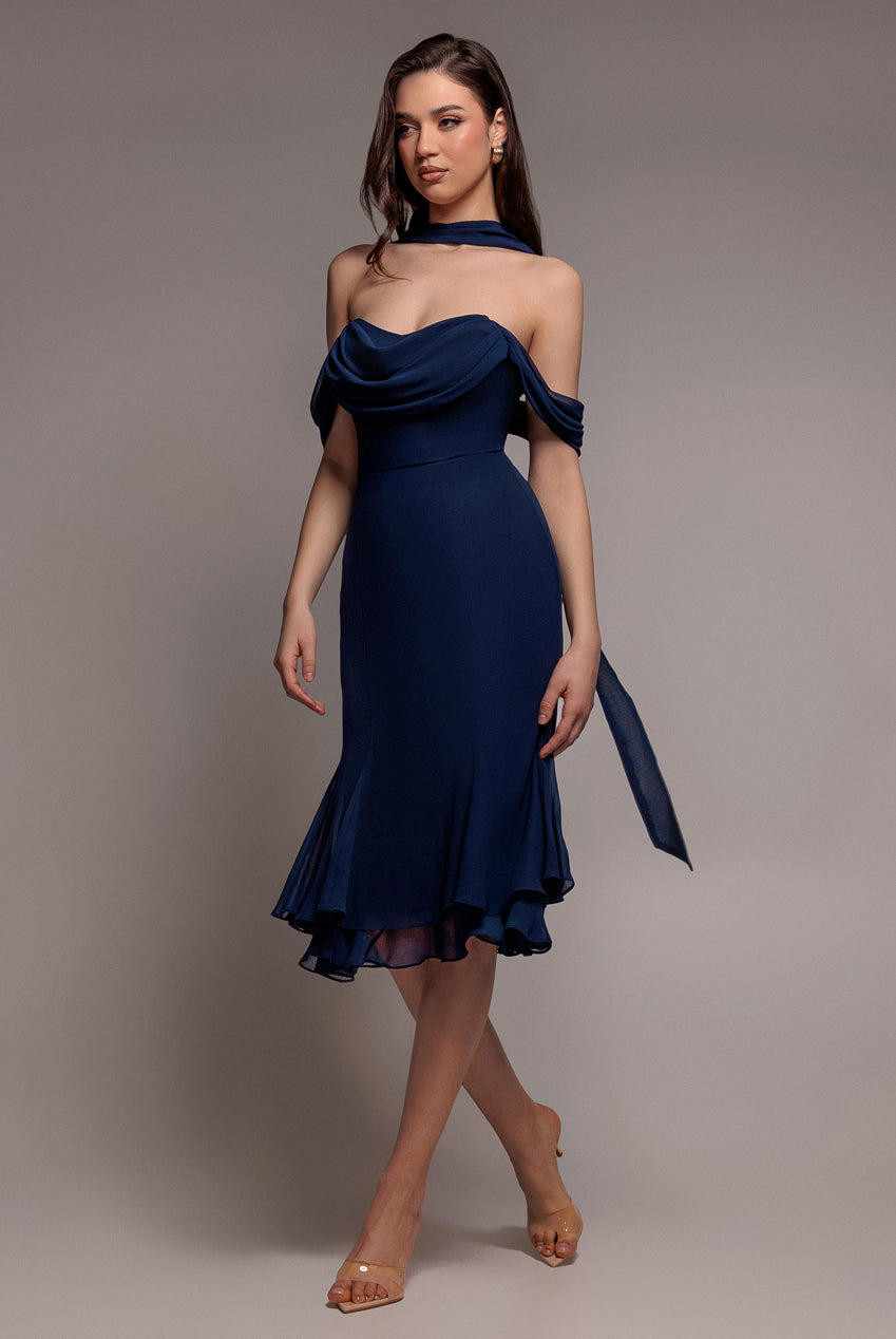 Goddiva Chiffon Cowl Off Shoulder Wing Tiered Midi Dress - Navy Blue