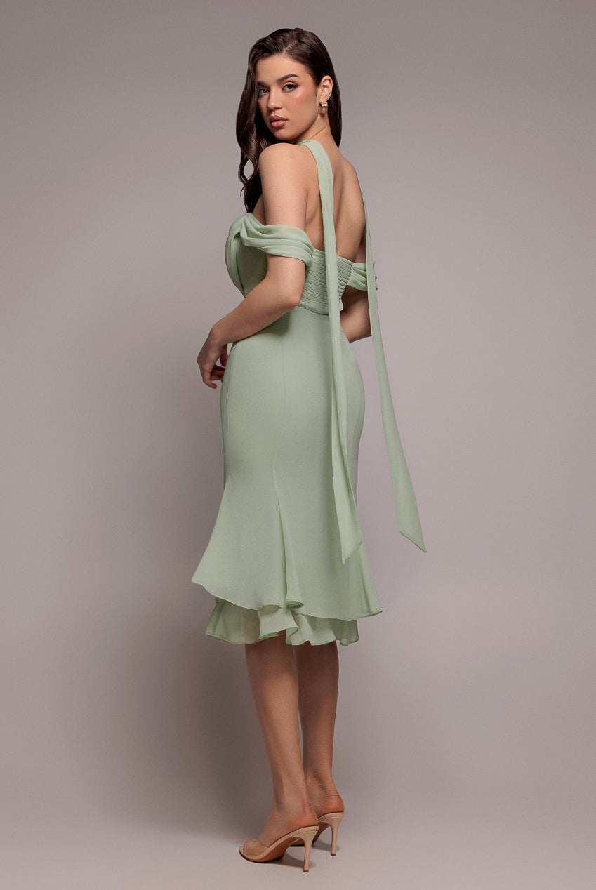 Goddiva Chiffon Cowl Off Shoulder Wing Tiered Midi Dress - Sage Green
