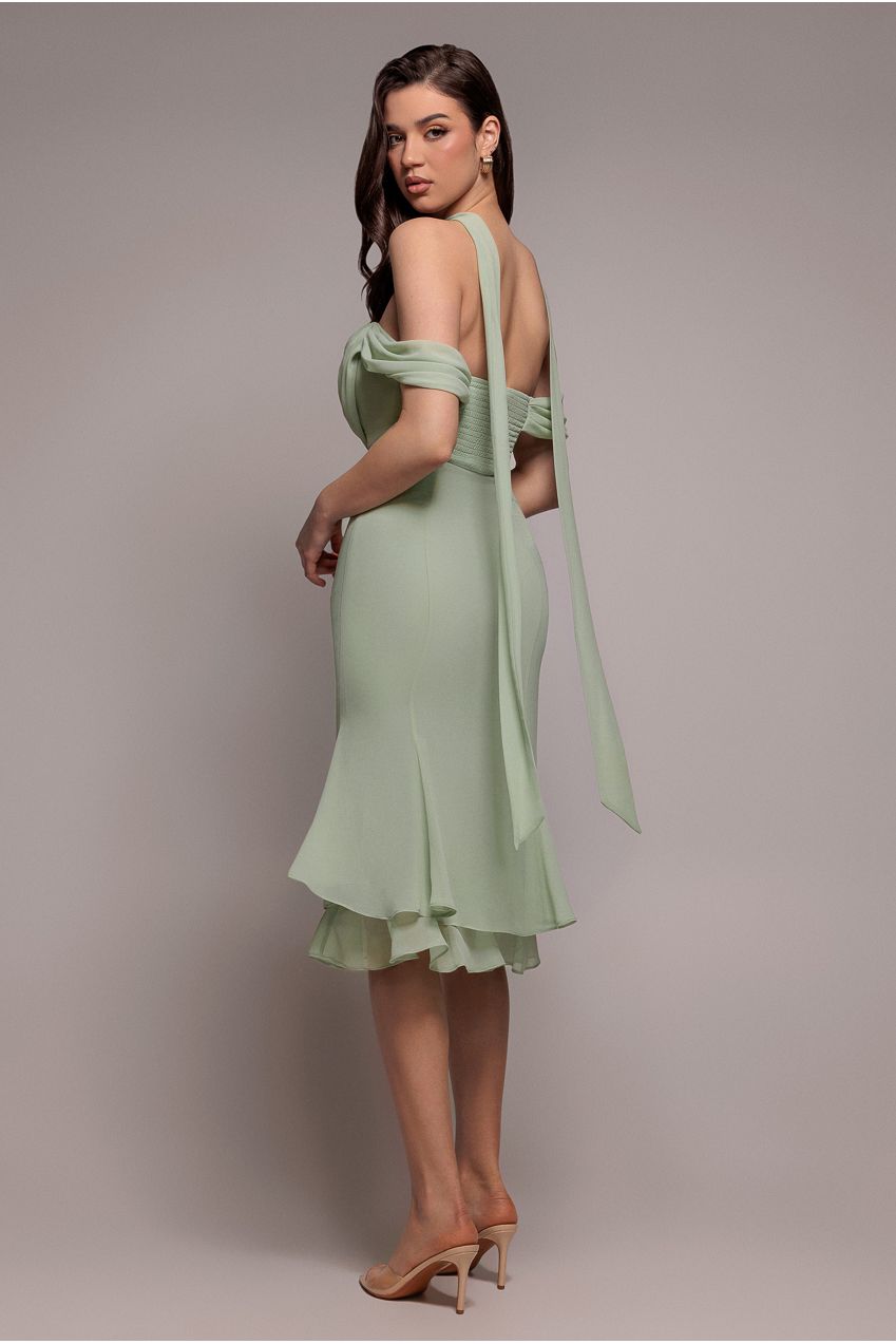 Goddiva Chiffon Cowl Off Shoulder Wing Tiered Midi Dress - Sage Green
