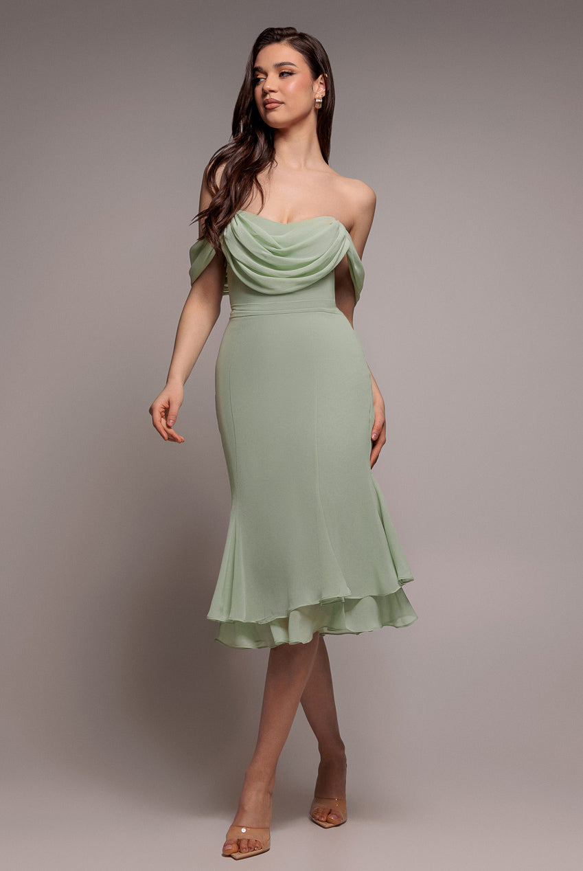 Goddiva Chiffon Cowl Off Shoulder Wing Tiered Midi Dress - Sage Green