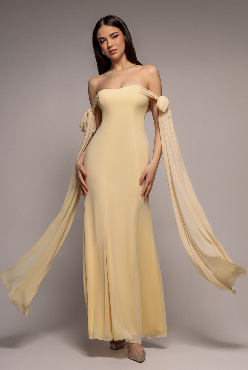 Goddiva Multiway Cape Chiffon Sweetheart Maxi Dress - Butter Yellow