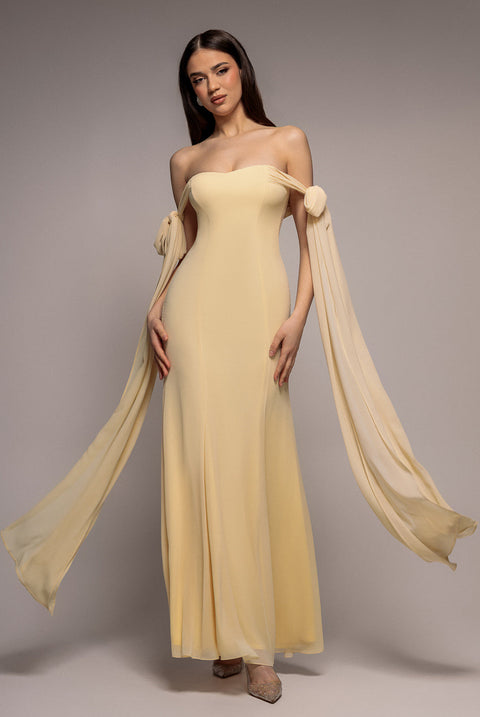 Goddiva Multiway Cape Chiffon Sweetheart Maxi Dress - Butter Yellow