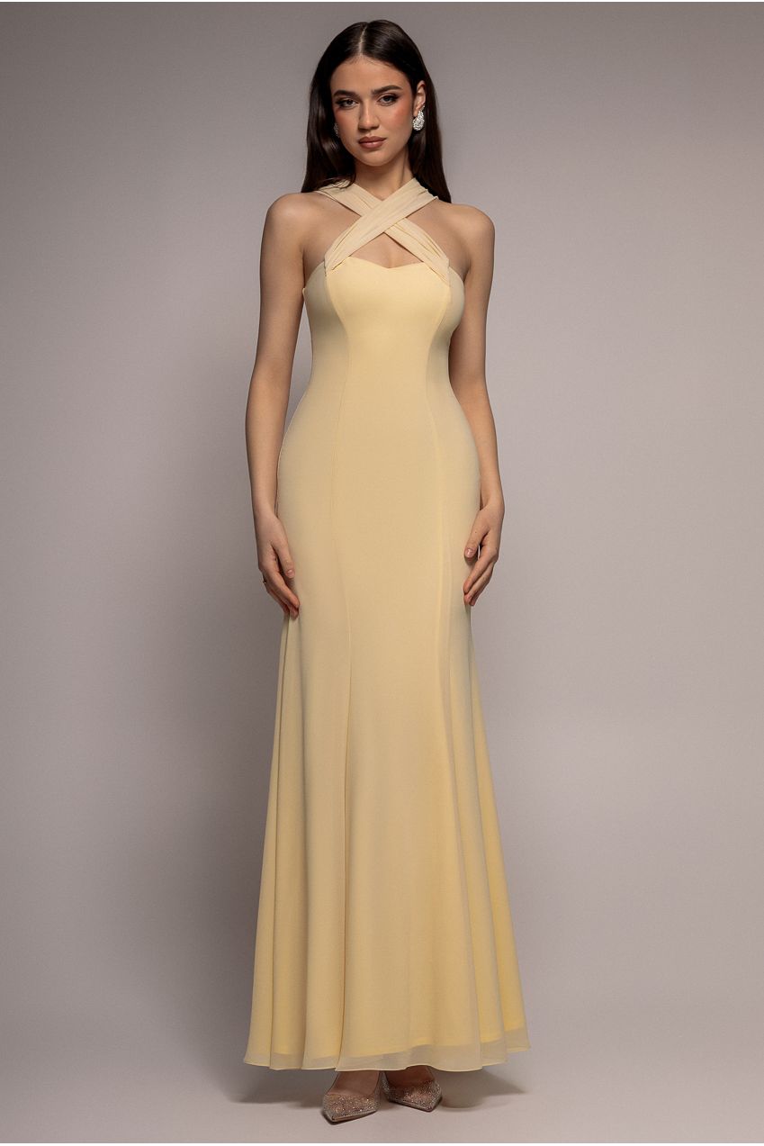 Goddiva Multiway Cape Chiffon Sweetheart Maxi Dress - Butter Yellow