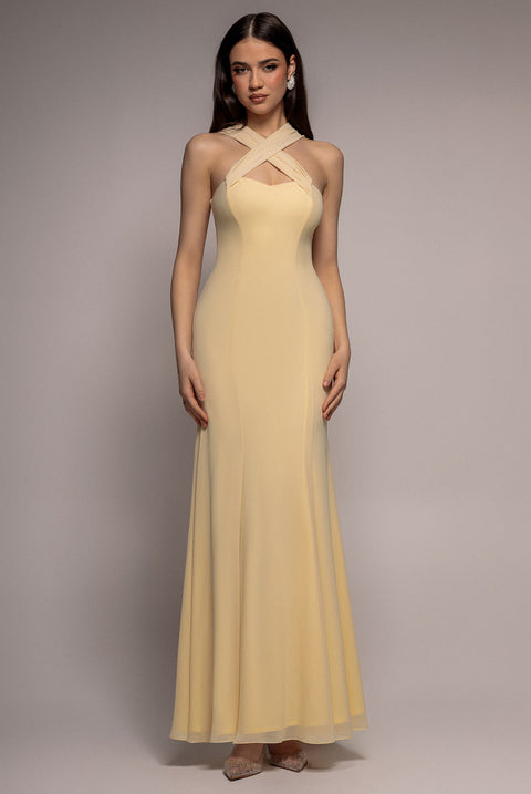Goddiva Multiway Cape Chiffon Sweetheart Maxi Dress - Butter Yellow