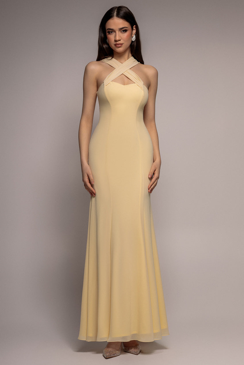 Goddiva Multiway Cape Chiffon Sweetheart Maxi Dress - Butter Yellow