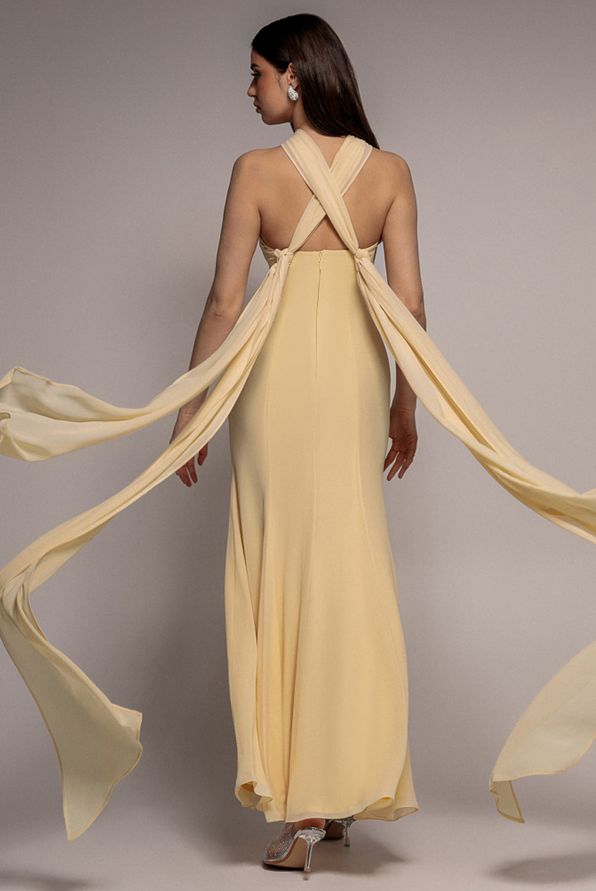 Goddiva Multiway Cape Chiffon Sweetheart Maxi Dress - Butter Yellow