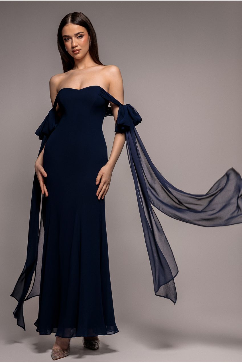 Goddiva Multiway Cape Chiffon Sweetheart Maxi Dress - Navy Blue