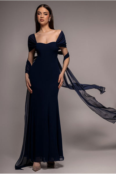 Navy - Goddiva Multiway Cape Chiffon Sweetheart Maxi Dress - Navy Blue