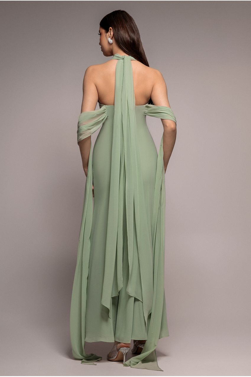 Goddiva Multiway Cape Chiffon Sweetheart Maxi Dress - Sage Green