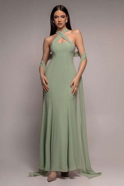 SageGreen - Goddiva Multiway Cape Chiffon Sweetheart Maxi Dress - Sage Green