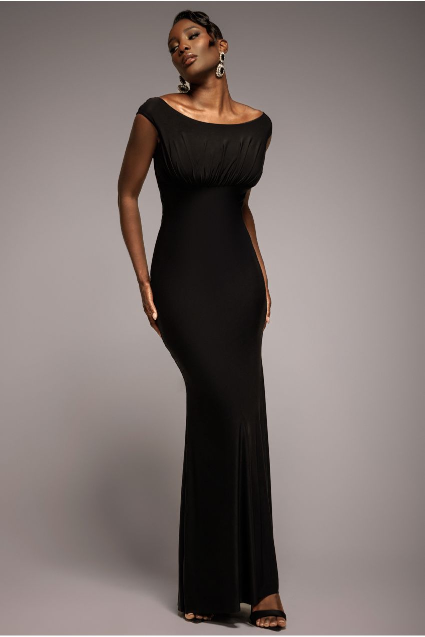 Goddiva Open Back Cowl Neck Gathered Maxi Dress With Velvet Tie Back - Black