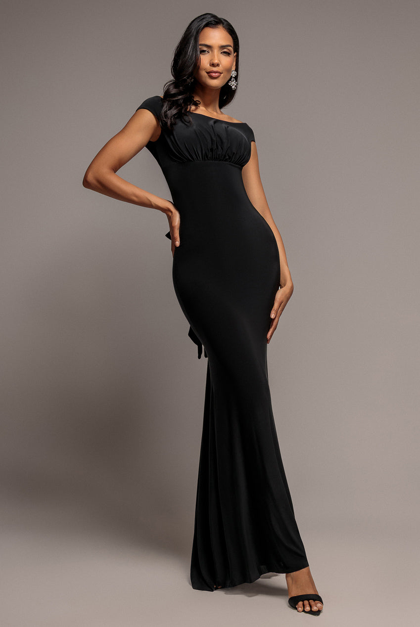 Goddiva Open Back Cowl Neck Gathered Maxi Dress With Velvet Tie Back - Black
