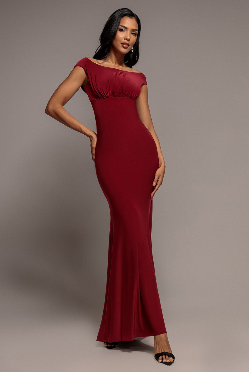 Goddiva Open Back Cowl Neck Gathered Maxi Dress With Velvet Tie Back - Wine